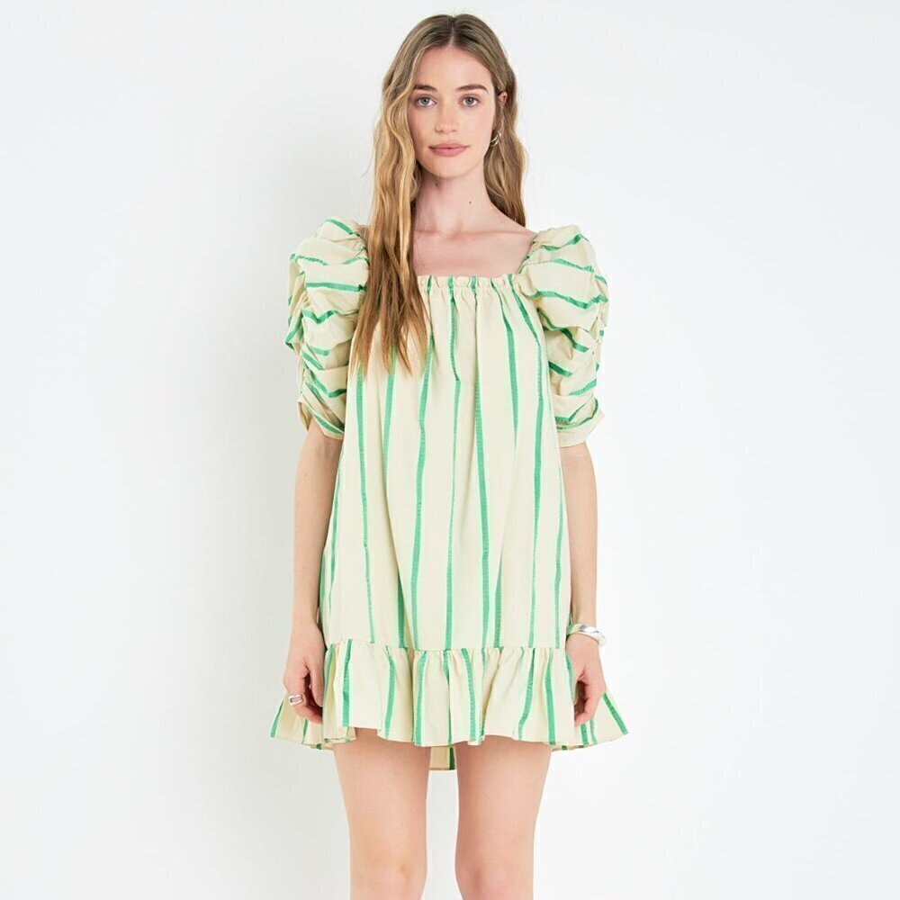 Striped Green and Cream Puff Sleeve Dress